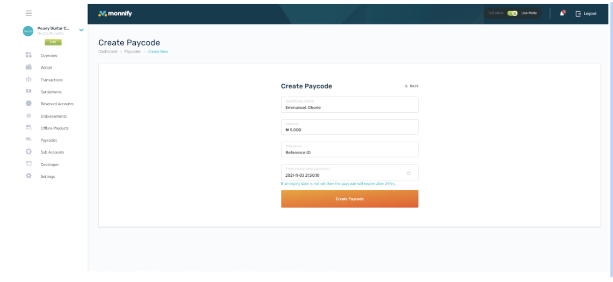Paycode Generation - Monnify Dashboard
